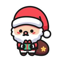 Papa Noel claus personaje linda mascota con bolso y regalos en blanco antecedentes. alegre Navidad y contento nuevo año Días festivos símbolo. invierno, Navidad. contorno plano y de colores estilo vector ilustración.