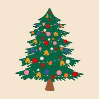 Navidad árbol en dibujos animados estilo vector ilustración. decorado verde abetos con regalo cajas, Navidad estrella, pelotas, golosinas y luces. contento nuevo año concepto