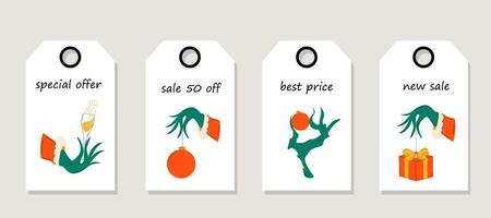 Vector set of discount price tags. Labels with Grinch hand. Christmas sale.