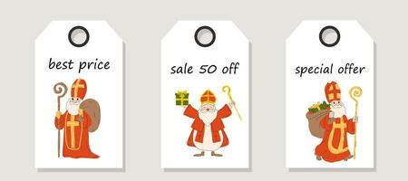 Vector set of discount price tags. Labels with Saint Nicholas christmas characters. Christmas sale.