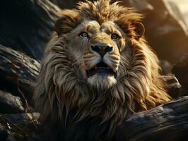 A majestic lion relaxing on top of the rocks AI Generative photo