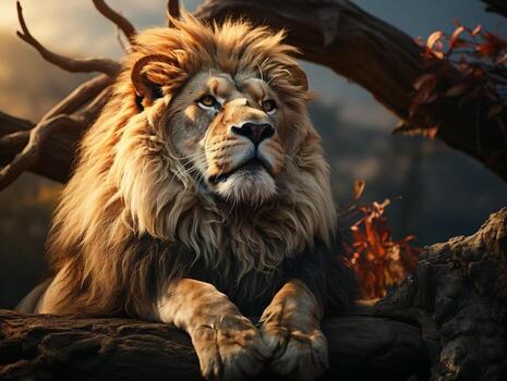 A majestic lion relaxing on top of the rocks AI Generative photo