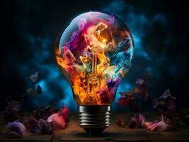 Bright light bulb with colorful paint splashed all over on isolated background AI Generative photo