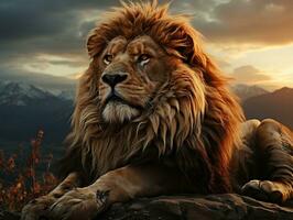 A majestic lion relaxing on top of the rocks AI Generative photo