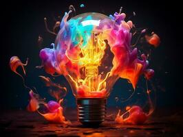 Bright light bulb with colorful paint splashed all over on isolated background AI Generative photo