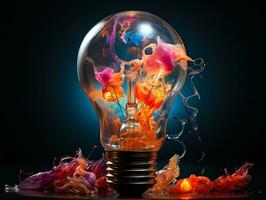 Bright light bulb with colorful paint splashed all over on isolated background AI Generative photo