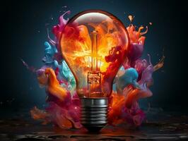 Bright light bulb with colorful paint splashed all over on isolated background AI Generative photo