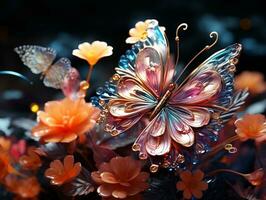 3D illustration of an abstract flower with a butterfly on a dark background AI Generative photo