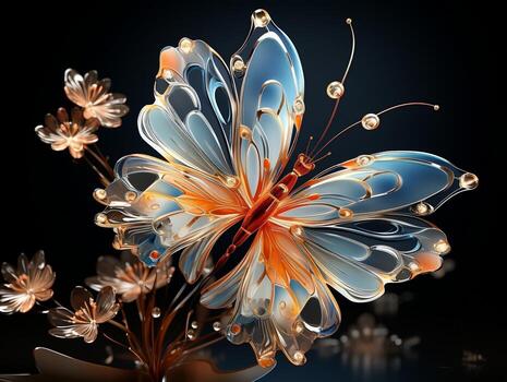 3D illustration of an abstract flower with a butterfly on a dark background AI Generative photo