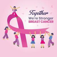 Breast cancer awareness month with a pink ribbon and a background featuring people raising awareness. vector