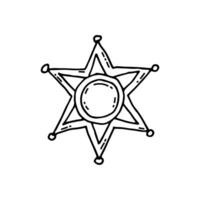 Sheriff's badge in the shape of a star. Sign of law, justice. Doodle. Vector illustration. Hand drawn. Outline.