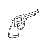 Revolver, a multi-shot small arms weapon with a rotating cylinder. Doodle. Vector illustration. Hand drawn. Outline.