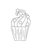 Cupcake with creamy topping pastry doodle outline hand drawn vector illustration, sweet dessert image bakery concept clipart for menu, poster, card, invitation, website