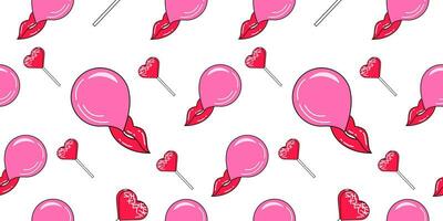 Vector Seamless pattern of Heart Candy, Lips and Bubble Gums on white background. Copy past trendy Pink illustration. Pattern for print, textile or postcard for Valentines day, Woman s day