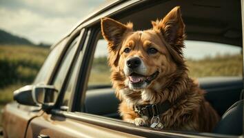 Happy dog with head out of the car window having fun. Ai Generated photo