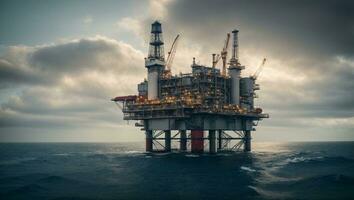 Oil platform on the ocean. Offshore drilling for gas and petroleum.. Ai Generated photo