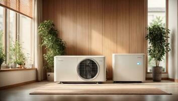 Air source heat pump installed in residential building. Ai Generated photo