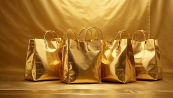 Gold shopping bags. Gold background.. Ai Generated photo