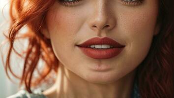 Close up of beautiful girl lips with red hair and freckles smiling biting lip over white background.. Ai Generated photo