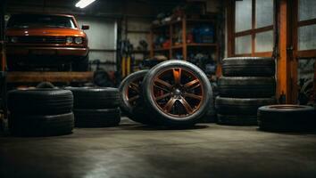 Garage background. Car tire set in private garage.. Ai Generated photo