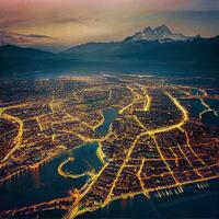 paisaje urbano iluminación, aéreo ver de ai generado metrópoli con montaña fondo foto