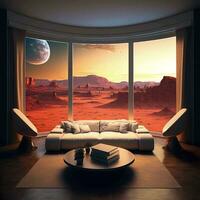 futurista vivo moderno salón con un ver de extraterrestre Desierto planeta y Luna en ai generado imágenes. foto