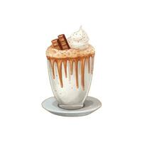 Hot coffee latte in the cup. Watercolor vector illustration. Hot cappuccino with whipped cream