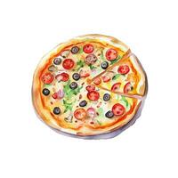 Hand drawn slice of pizza. Watercolor sketch isolated on white background. Vector illustration for food design