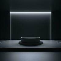 Stage, podium, empty pedestal for displaying objects and advertising goods, pink, black, round, square, glow. Generative AI photo