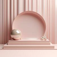 Empty minimalistic glossy scene with pearls. Pink, beige, neutral color podium for goods and items. Generative AI photo