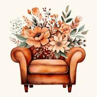 Watercolor illustration of an armchair with flowers in boho style. Generative AI photo