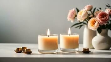 a scented candle on a white table. Ai Generated photo