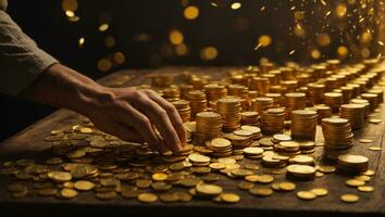 hombre poniendo dorado monedas en un tablero representando múltiple corrientes de ingreso. ai generado foto