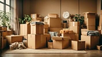 Move concept. Cardboard boxes and cleaning things for moving into a new home. Ai Generated photo