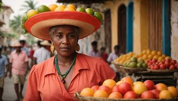 Traditional fresh fruit street vendor aka Palenquera in the Old Town of Cartagena in Cartagena de Indias, Caribbean Coast Region, Colombia. Ai Generated photo