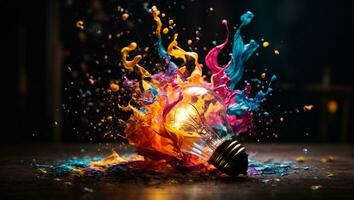 Creative light bulb explodes with colorful paint and splashes. Ai Generated photo