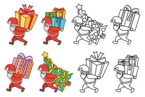 Christmas illustration set. Collection of cartoon vector illustrations with Santa Claus or gnome carrying gifts and Christmas trees. Colorful and line art illustrations set.