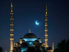 el fascinante visión de el azul mezquita alminar iluminado en contra el noche cielo ai generar foto
