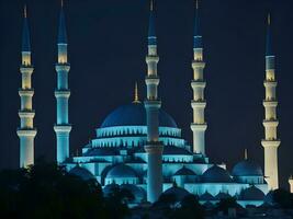 The mesmerizing sight of the Blue Mosque's minaret illuminated against the evening sky ai generate photo