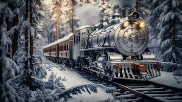 retrofuturista Steampunk tren en medio de siberiano congelado bosque generativo ai foto