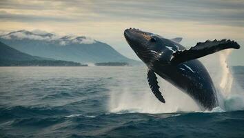 jorobado ballena saltando terminado el mar. ai generado foto