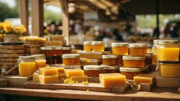 miel y cera de abejas productos a un vibrante agricultores mercado.. ai generado foto