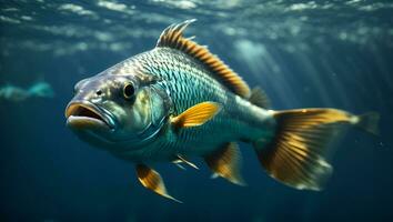 closeup shot of a skate fish underwater with a blurred background. Ai Generated photo