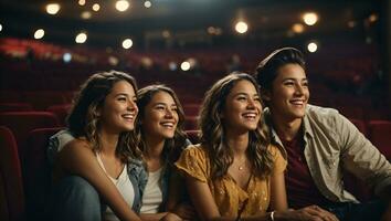 un joven alegre Pareja es con su hija en el cine. ai generado foto