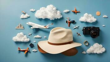 Flat lay design of travel concept with plane and cloud on blue background with copy space.. Ai Generated photo