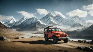 mount everest background with jeep. Ai Generated photo