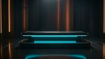 Futuristic dark podium with light and reflection background. Ai Generated photo