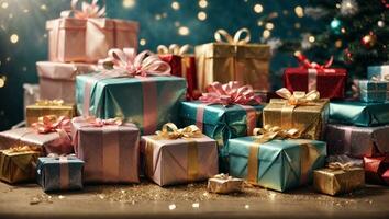 Pile of presents. Happy birthday gifts.. Ai Generated photo