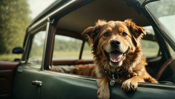 contento perro con cabeza fuera de el coche ventana teniendo divertida. ai generado foto