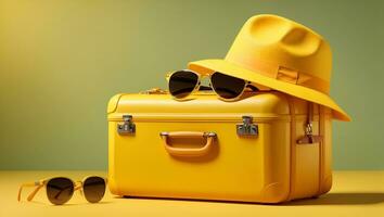 Yellow suitcase with sun glasses and hat on yellow background. 3D rendering. travel concept. minimal style. Ai Generated photo